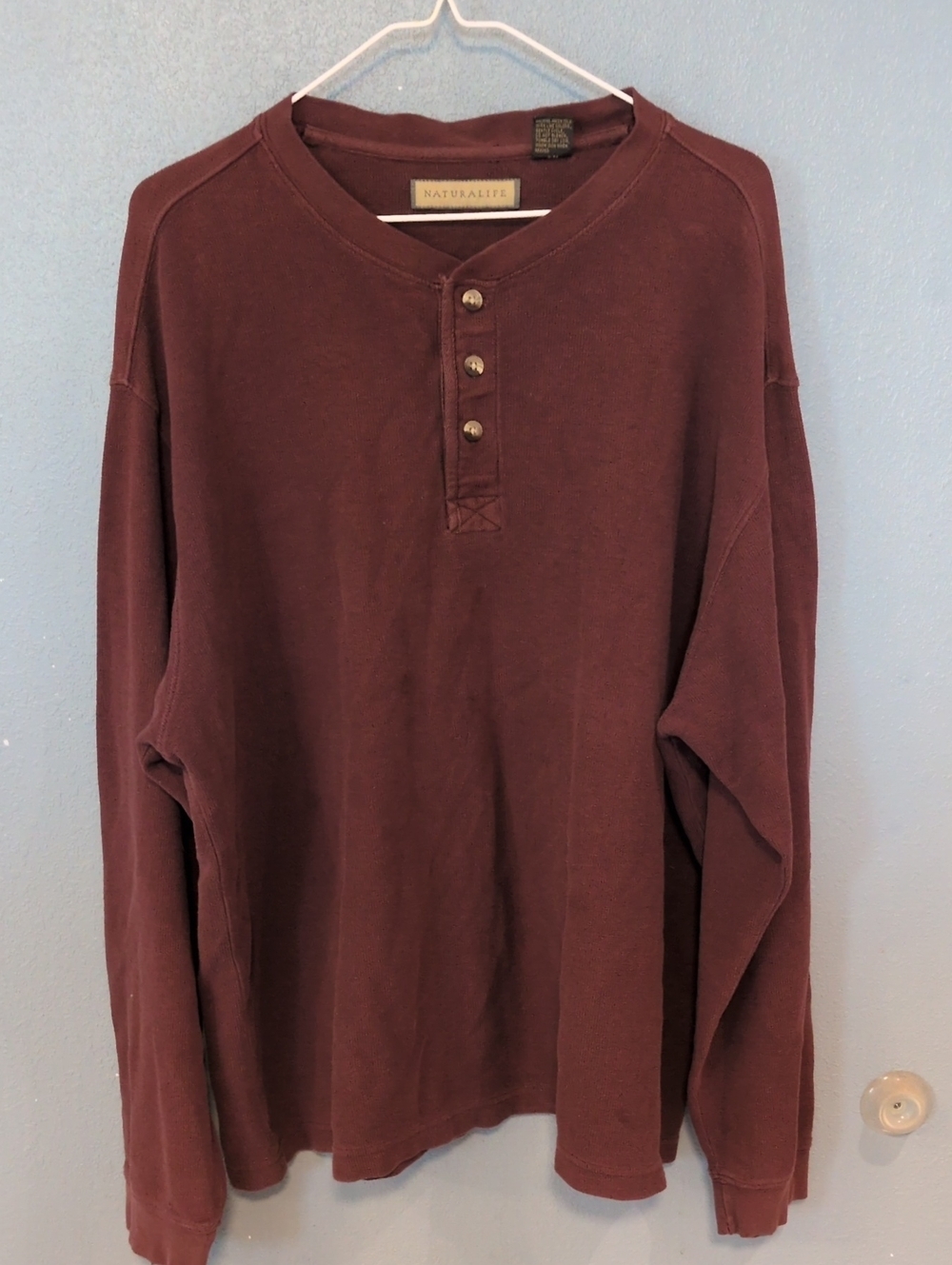 Naturallife Henley Baselayer 3 Button Down 100% Cotton LongSleeve Shirt Gorpcore